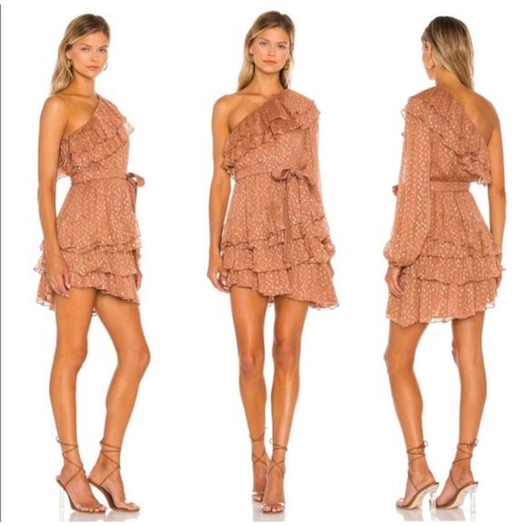 Rococo Sand Aine One Shoulder Tan Gold Ruffle Mini Dress Medium - Picture 2 of 11